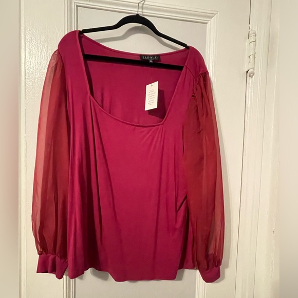 Eloquii Raspberry Square Neck Sheer Sleeve Top - Picture 2 of 5